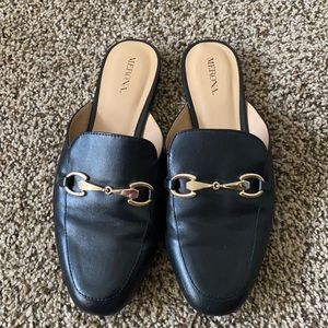 Merona Black Slip On Mules with Gold Buckle